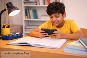 student using smartphone instead of studying showing digital distraction affecting study habits explained by HandwritingAone.Com