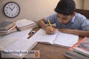 student writing quickly in notebook with clock in background showing time pressure