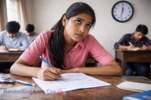 student looking confused while attempting exam questions in classroom