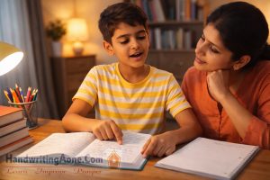 mother encouraging child while studying homework and improving learning confidence explained by HandwritingAone.Com