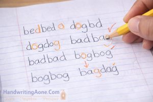 handwriting worksheet showing confusion between letters b d p and q explained by HandwritingAone.com