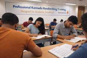 Students practicing kannada neat handwriting practice exercise during handwriting speed improvement training in Bangalore at HandwritingAone.com