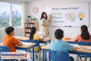 Teacher explaining memory improvement techniques to students during classroom training in Bangalore at HandwritingAone.com