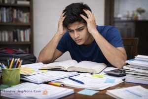 teenage student stressed while studying with many books and notes on desk