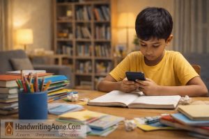 child looking at smartphone while open notebook and books remain unfinished on desk