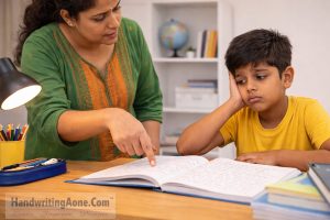 mother guiding child during homework and explaining lessons to improve study motivation