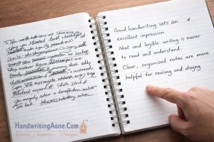 notebook showing messy handwriting compared with neat readable handwriting explained by HandwritingAone.Com