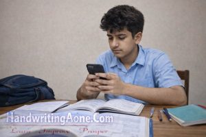 student using phone while books and exam preparation notes are open on table