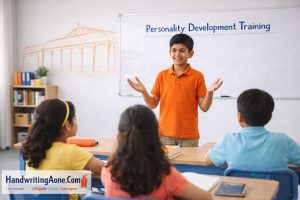 Student confidently speaking during personality development training activity in Bangalore classroom at HandwritingAone.com