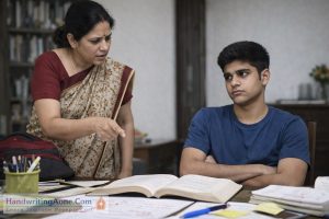 mother scolding teenage student for not focusing on studies while sitting at study table
