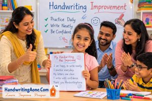 Student showing improved handwriting notebook in Vijayanagar Bangalore classroom at HandwritingAone.com
