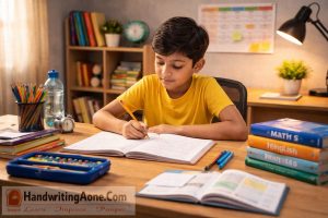 young student concentrating while writing homework in notebook at study desk