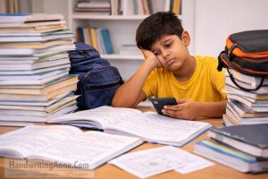 student sitting with many books feeling stressed and losing interest in studies explained by HandwritingAone.Com