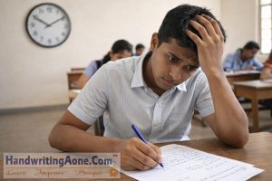 student worried while writing exam answers showing difficulty with handwriting speed and clarity explained by HandwritingAone.Com