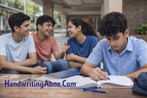 teenage student studying while friends around him are laughing and distracting
