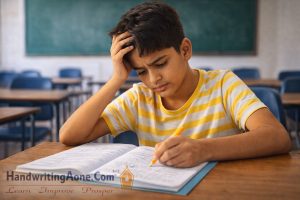 student studying carefully in classroom trying to remember lessons explained by HandwritingAone.Com