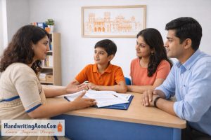 Teacher discussing student handwriting improvement progress with parents in Bangalore at HandwritingAone.com