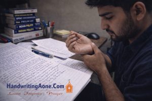 UPSC aspirant holding wrist after long answer writing practice