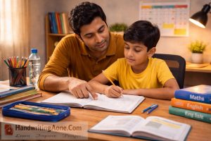 father helping child write neatly in notebook during homework practice