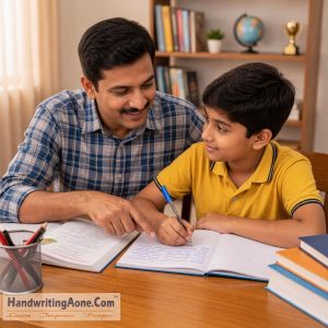 father helping child write homework in notebook encouraging better study habits explained by HandwritingAone.Com