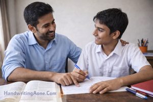 father helping child understand homework and exam preparation at study table