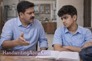 father explaining importance of studies to teenage student sitting with books