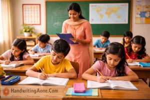 teacher supervising students writing in notebooks in classroom