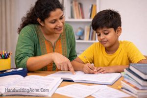 mother guiding child writing homework at study desk improving focus and learning habits