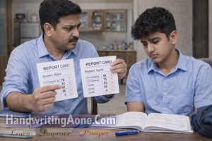 father discussing report card marks with teenage student after exams