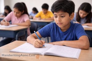 focused student writing carefully in notebook while improving handwriting through HandwritingAone.com techniques