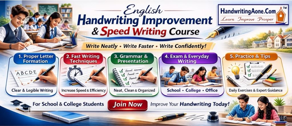 English handwriting improvement and speed writing summer course for school and college students at HandwritingAone.com Vijayanagar Bangalore