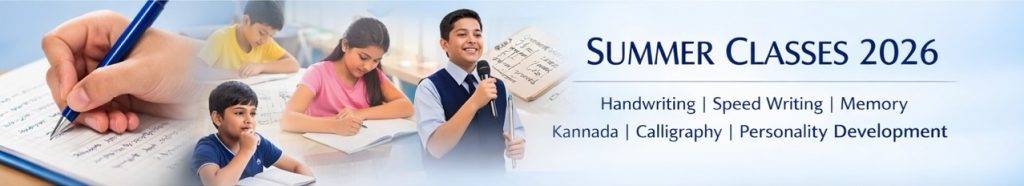 Students practicing handwriting, speed writing, calligraphy and memory training during Summer Classes 2026 at HandwritingAone.com, Vijayanagar, Bangalore